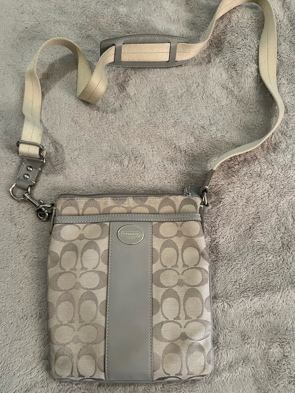 Coach Beige Signature Canvas Crossbody with Taupe Leather Trim